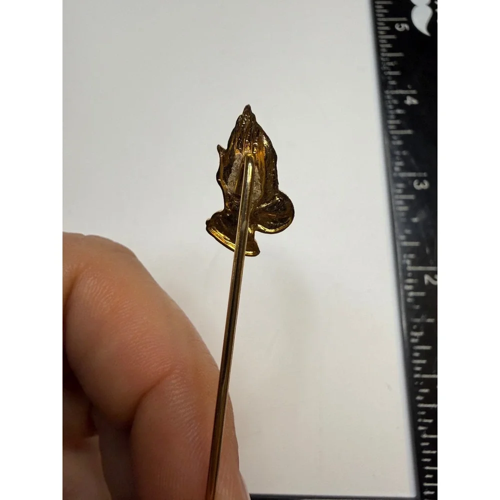 Vintage Praying Hands Stick Pin Gold Tone Religious Lapel Hat Pin 2.5 Inch